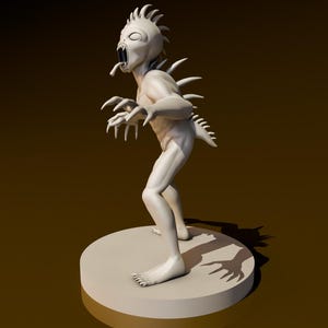 May include: A white, detailed, 3D printed figurine of a creature with a spiky back, open mouth, and clawed hands. The figurine is standing on a round base.