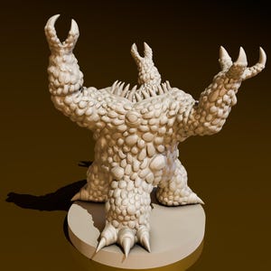 May include: A white, 3D printed miniature of a creature with a rocky, bumpy texture. The creature has three arms, each ending in a claw, and a spiky back.