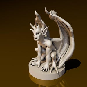 May include: A white gargoyle statue with wings, sitting on a round base. The gargoyle has a detailed face and claws.