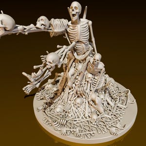 May include: A skeletal figure with a skull head sits atop a pile of bones. The skeleton has multiple arms and hands reaching out. The figure is made of white plastic and is a miniature figurine.