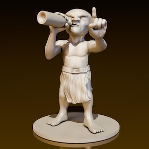 Peut inclure: Une figurine blanche représentant une petite figure humanoïde tenant une lunette astronomique et pointant vers le haut de l'autre main. La figure porte une jupe simple et une ceinture autour de la taille.