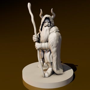 May include: A white figurine of a bearded, horned figure holding a staff. The figure is wearing a long robe and has a stern expression.