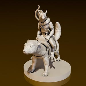 May include: A white figurine of a humanoid creature riding a white, furry animal. The creature is wearing a hooded cloak and holding a weapon. The animal has a long tail and is standing on a round base.