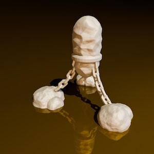 May include: A light-colored, abstract sculpture featuring a central, elongated form connected by chains to two spherical shapes. The sculpture has a rough, textured surface and casts a shadow on the reflective surface below.