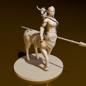 May include: A 3D printed figurine of a female centaur warrior holding a spear. The centaur is wearing a leather skirt and has a bow and arrow strapped to her back. The figurine is painted in a light brown color and is standing on a round base.