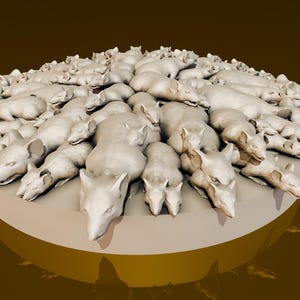 Może przedstawiać: Zbliżenie na okrągłe ułożenie białych ceramicznych myszy, wszystkie skierowane do środka, tworząc okrągły wzór. Myszy są ułożone w ciasnym kręgu, z ogonami skierowanymi na zewnątrz.