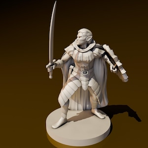May include: A white painted miniature figurine of an elf warrior holding a sword and shield. The elf is wearing armor and a cloak.