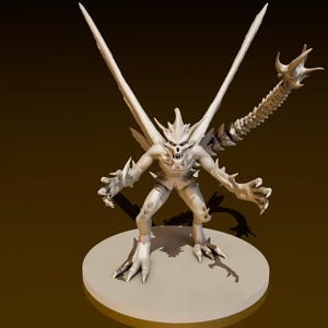 Puede incluir: Una figura miniatura blanca y detallada de una criatura con alas, una cola larga y garras afiladas. La criatura tiene una expresión amenazante y parece estar en una postura defensiva.