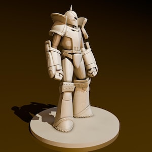 May include: A beige, stylized robot figurine with a pointed helmet and large, armored arms. The robot is standing on a circular base.