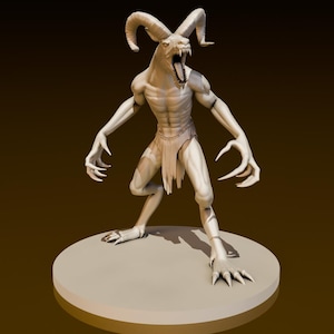 May include: A white, humanoid figure with horns and claws, standing on a circular base. The figure has a skeletal appearance and is posed in a threatening stance.