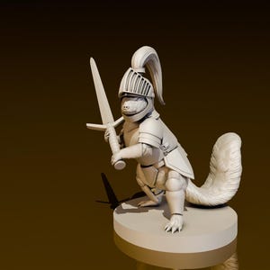 Puede incluir: Una figurita blanca impresa en 3D de una pequeña criatura blindada sosteniendo una espada. La criatura lleva un casco y tiene una cola larga.