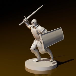 May include: A white plastic miniature figurine of a knight in armor holding a sword and shield. The knight is standing on a round base.