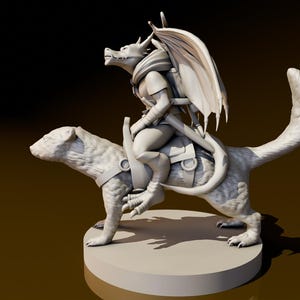 May include: A white, 3D printed figurine of a dragon-like creature riding a weasel-like creature. The dragon-like creature has wings and is wearing armor. The weasel-like creature has a long tail and is wearing a saddle.