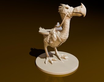 May include: A white, 3D printed model of a bird with a saddle. The bird has a long beak and large eyes. The saddle is made of leather and has a strap that goes around the bird's neck.