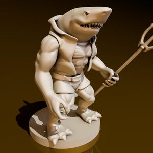 May include: A white, detailed figurine of a shark-like creature with a human-like body, wearing a jacket and holding a trident. The figurine is standing on a round base.