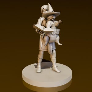 May include: A white figurine of a person wearing a pointed hat and holding a book. The person is carrying a small, white, furry creature in a baby carrier.