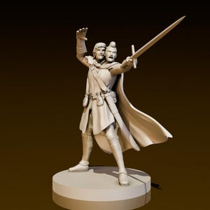 May include: A white painted miniature figurine of a person holding a sword. The person is wearing a cloak and has a second face on the back of their head.