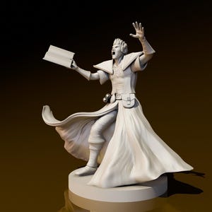 May include: A white figurine of a character in a flowing robe, holding a book and gesturing with one hand raised. The figure stands on a circular base, with a dramatic pose and expression. The background is a gradient of dark brown to black.