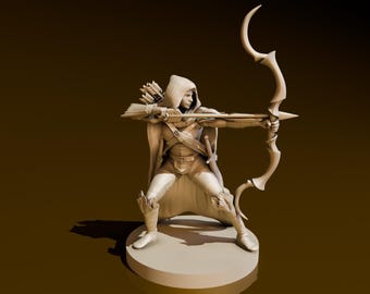 May include: A miniature figurine of a hooded figure holding a bow and arrow, ready to shoot. The figure is wearing a cloak and has a determined expression on their face. The figurine is made of a light brown material and is standing on a circular base.