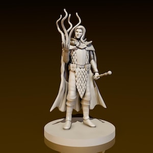 May include: A white painted miniature figurine of a wizard holding a staff and a tentacle-like creature in their hand. The wizard is wearing a long robe and a belt with a buckle. The figurine is standing on a round base.