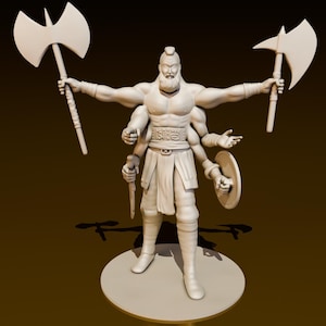 Op de afbeelding: Een wit, gedetailleerd beeldje van een gespierd figuur met vier armen die twee bijlen en een schild vasthouden. Het figuur draagt een kilt en heeft een baard.
