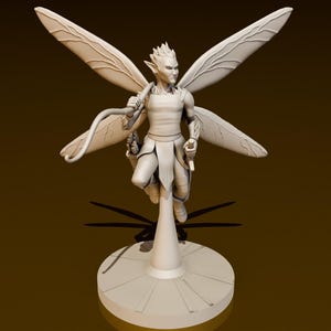 May include: A white 3D printed figurine of a fairy with wings outstretched, holding a whip in its right hand. The fairy is standing on a round base.