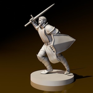 Puede incluir: Una figura en miniatura de plástico blanco de un caballero con armadura sosteniendo una espada y un escudo. El caballero está de pie sobre una base redonda.