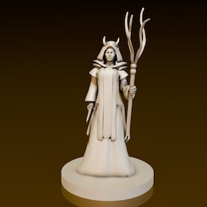 May include: A white figurine of a woman wearing a long robe and holding a staff with a forked top. The figurine is standing on a round base.