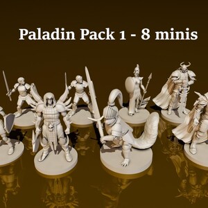 Op de afbeelding: Een set van acht ongeverfde plastic miniaturen die paladins voorstellen, elk met een unieke pose en wapen. De miniaturen maken deel uit van een Paladin Pack 1 - 8 minis set van Dungeon Guild Merchant.