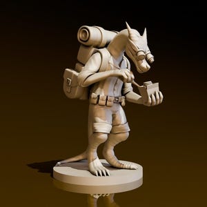 May include: A beige figurine of a reptilian creature wearing a backpack and goggles, holding a small notebook and a pen. The figurine is standing on a round base.