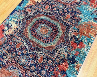 4x6 Blauer moderner Mamluk Teppich - türkischer super feiner handgeknüpfter Veg dyed Wolle Medaillon Teppich -Schlafzimmer Teppich - Teppich für Wohnzimmer - 4'0x5'11