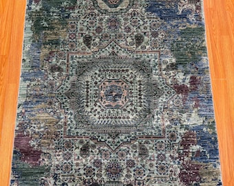 4x6 Türkis Modern Mamluk Teppich - Türkischer Superfeiner Handgeknüpfter Veg Dyes Wolle Medaillon Teppich -Schlafzimmer Teppich - Teppiche für Wohnzimmer - 3'11x5'9