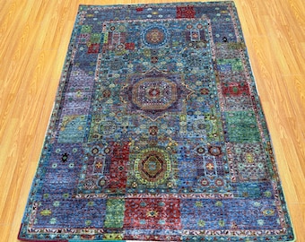 Handgeknüpfter afghanischer Mamluk-Teppich: Wollteppich mit blauem Medaillon