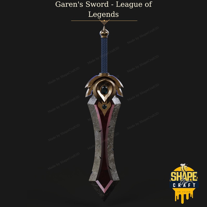 Pu&ograve; includere: Un modello 3D dettagliato della spada di Garen dal videogioco League of Legends. La spada &egrave; di colore grigio scuro con una lama rossa e dettagli dorati. L'impugnatura &egrave; di colore blu scuro con dettagli dorati. La spada &egrave; sospesa in aria su uno sfondo grigio scuro.