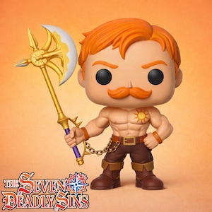 May include: A Funko Pop! vinyl figure of Escanor from The Seven Deadly Sins. The figure has orange hair and a mustache, and is shirtless with a sun tattoo. He holds a gold and purple axe. The Seven Deadly Sins logo is at the bottom.