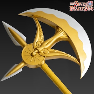 May include: A gold and white prop weapon, with a crescent blade and a central spearhead design. The weapon has intricate details, including a sunburst emblem and a textured yellow handle. The Seven Deadly Sins logo is in the upper right corner.