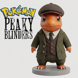 May include: A figurine of a Charmander character from Pokémon, dressed in a tweed suit, vest, and cap, reminiscent of the Peaky Blinders style. The Pokémon logo and "PEAKY BLINDERS" text are visible in the background. The figure stands on a gray circular base.