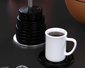 Halteronderzetterset STL – Halteronderzetters met houder voor halterstang – 3D-afdrukbare sportschooldecor-bestanden voor onderzetters
