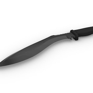 May include: A black, curved knife with a black handle. The blade is sharp and pointed.