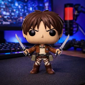 May include: A Funko Pop! vinyl figure of Eren Yeager from the anime series Attack on Titan. The figure is wearing a brown jacket, white shirt, and brown boots, and is holding two silver blades. The figure has brown hair and a determined expression.