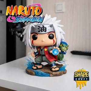 May include: A Funko Pop figure of Jiraiya from Naruto Shippuden. The figure features white hair, a red coat, and a blue energy ball. The figure is standing on a base with blue water effects, with a small green and blue frog. The Naruto Shippuden logo is visible.