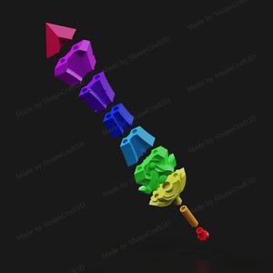 Pu&ograve; includere: Un oggetto stampato in 3D color arcobaleno composto da pi&ugrave; pezzi. L'oggetto ha la forma di una freccia ed &egrave; realizzato da ShapeCraft3D.
