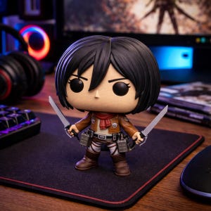 Könnte beinhalten: Eine Mikasa Ackerman Funko Pop Figur aus der Anime-Serie Attack on Titan. Die Figur trägt eine braune Jacke, einen roten Schal und eine weiße Hose und hält zwei silberne Klingen. Die Figur steht auf einem schwarzen Mauspads.