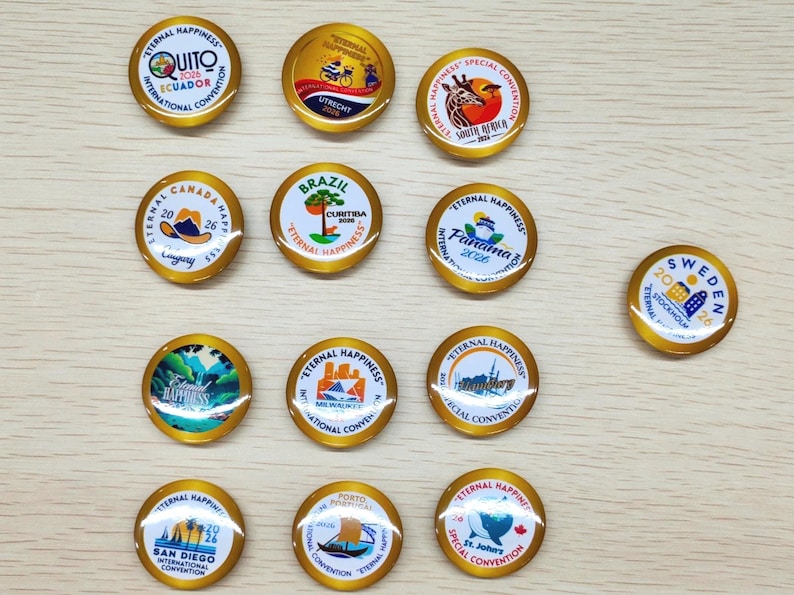 JW 2026 Pins Eternal Happiness International Convention Pins Buttons- 20 Pack - Milwaukee Panama Germany South Africa Quito Sweden image 3