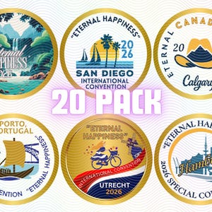 May include: A pack of 20 gold-rimmed round badges with the text "Eternal Happiness" and various city names and illustrations. The badges feature images of landscapes, sailboats, and landmarks, with the year 2026.