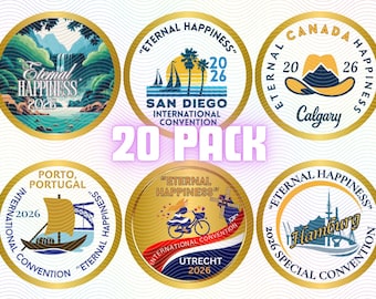 JW 2026 Pines Convención Internacional Felicidad Eterna Pines/Botones - Paquete de 20 - Milwaukee Panamá Portugal Sudáfrica Quito St. John’s