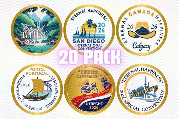 JW 2026 Pins Eternal Happiness International Convention Pins Buttons- 20 Pack - Milwaukee Panama Germany South Africa Quito Sweden