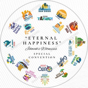May include: Circular graphic with the text "ETERNAL HAPPINESS" and "Jehovah's Witnesses SPECIAL CONVENTION." The image features logos for various cities hosting conventions in 2026, including San Diego, Milwaukee, and others.