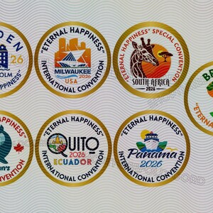 JW 2026 Pins Eternal Happiness International Convention Pins Buttons- 20 Pack - Milwaukee Panama Germany South Africa Quito Sweden image 4