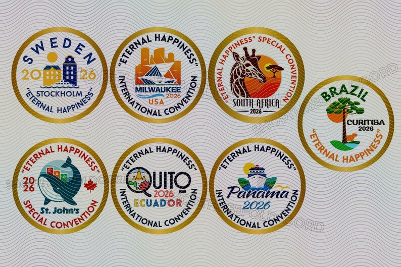 JW 2026 Pins Eternal Happiness International Convention Pins Buttons- 20 Pack - Milwaukee Panama Germany South Africa Quito Sweden image 4